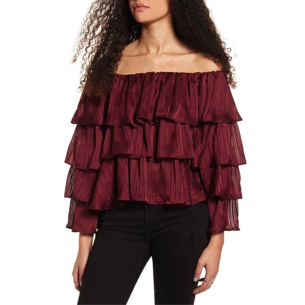 MINKPINK Size Small In The Moment Burgundy Blouse Tiered Ruffles Off Shoulder